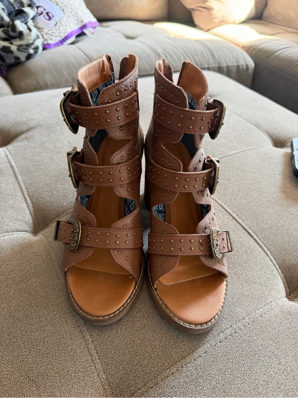 dingo Brown Leather Studded Multi-Buckle Open-Toe Heels